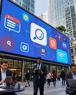 London cityscape with digital marketing professionals collaborating