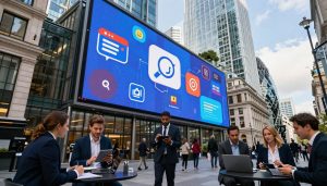 London cityscape with digital marketing professionals collaborating