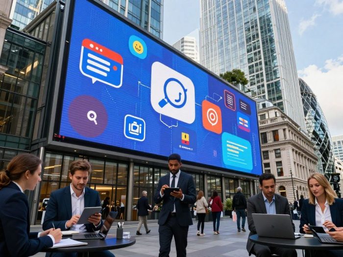 London cityscape with digital marketing professionals collaborating